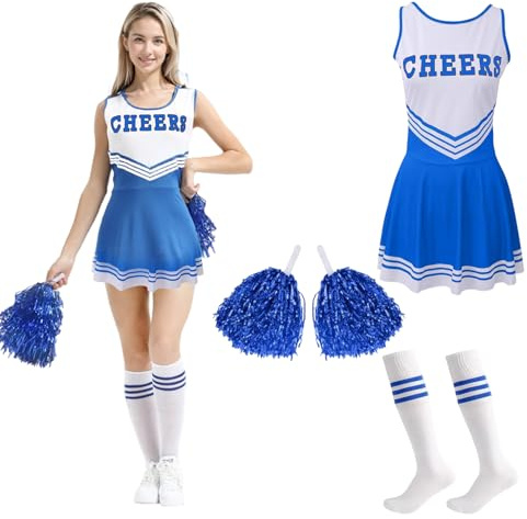 MUNSKT Cheerleader Fancy Dress Outfit,Cheerleading Outfit with Pom Poms,Cheerleader Costume for Women Girls,Uniform High School Dress,Cheerleader Outfit Adult Fancy Dress Costume (Blue, S)