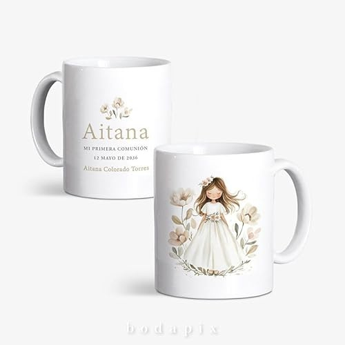 Bodapix | Tazas Personalizadas para Comunión con Nombre, Fecha y Foto | Regalo Original para Invitados | Cerámica 350 ml | Pack 10 o 15 Unidades (Grace)
