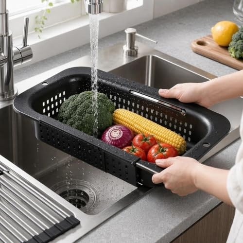 Sink Strainer Basket Extendable Over The Sink Colander Strainer Basket Black Collapsible Plastic Drainer Multi-Functional Collapsible Colander for Draining Pasta for Washing Fruit Vegetables Draining