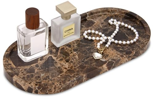 Bandeja Ovalada de Mármol, Marrón Oscuro, 30 x 15 x 2 cm | Natural, Lujo, Bandejas Baño, Decorativas para Perfume, Joyas, Maquillaje, Tejidos, Toallas, Plantas