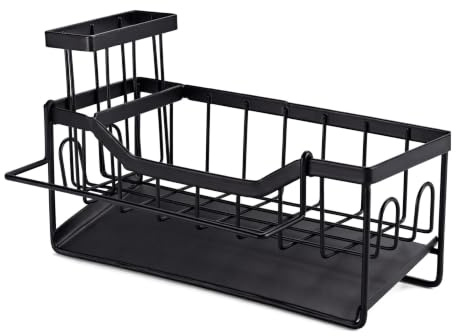 VINATO Spülbecken Organizer Schwarz, Spülschwammhalter mit Abtropfschale & Handtuchhalter, Küchen Organizer zum Hängen und Stellen – 23,5 x 9 x 14 cm, Schwarz