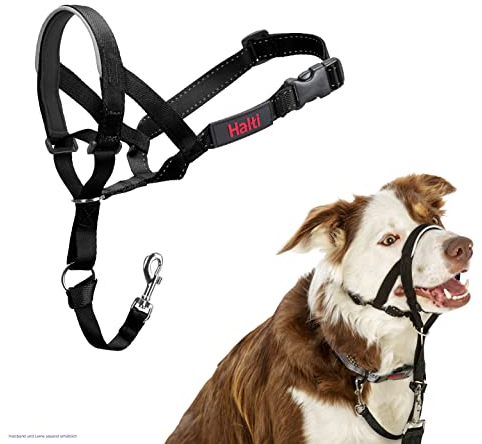 HALTI Headcollar Size 2 Black, UK Bestselling Dog Head Harness to Stop Pulling on the Lead, Easy to Use, Padded Nose Band, Adjustable & Reflective, Professional Anti-Pull Training Aid for Medium Dogs