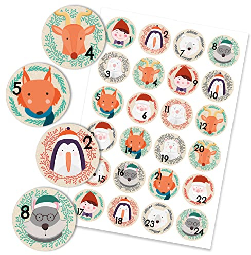 24 Adventskalenderzahlen Aufkleber - Packpapier Weihnachtsmotive Nr 27 - Sticker 4 cm - zum Basteln und Dekorieren - von Papierdrachen