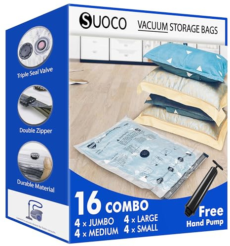 SUOCO Vakuumbeutel für Kleidung & Bettdecken mit Pumpe, 16 Combo (4 XL/4 Groß/4 Mittelgroß/4 Klein) Vakuumbeutel für Kleider, Bettwäsche, Reise