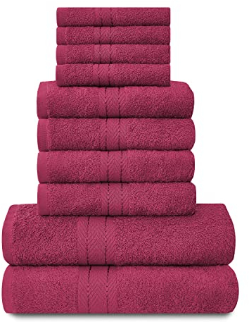 Lions Towels 544708 - Juego de 10 piezas 100% algodón egipcio, 4 caras, 4 manos, 2 toallas de baño, accesorios de baño altamente absorbentes de agua, lavables a máquina,rojo profundo,544708, Estándar