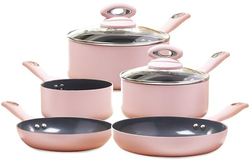Cermalon Set di 5 pentole e padelle ceramica rosa cipria, antiaderente grigia scintillante, compatibile con tutti i tipi di piani cottura