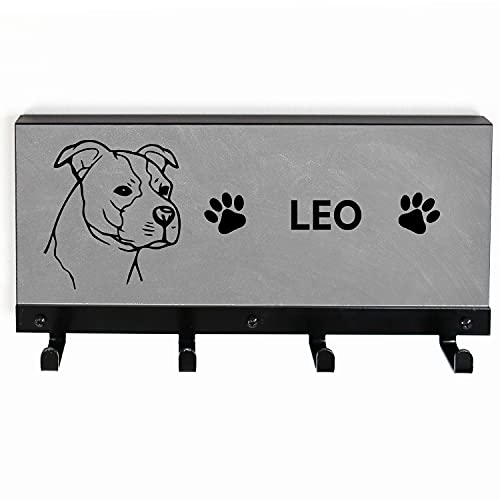 Tierisch-tolle Geschenke American Staffordshire Terrier 4-Haken Leinengarderobe mit Name | Hundegarderobe | Leinenhalter | Hundeleinen Halter | Personalisiert (Betonoptik)