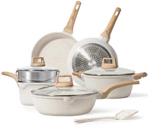 CAROTE Pots and Pans Set Nonstick, White Granite Induction Kitchen Cookware Set, 10 Pcs Non Stick Cooking Set w/Frying Pans & Saucepans(PFOS, PFOA Free)