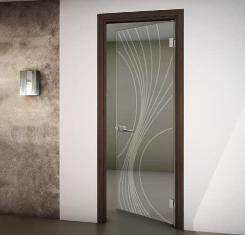 Porta interna a battente in vetro trasparente e disegno sabbiato con Telaio Rovere Sbiancato e Serratura 70x210 Spingere a Destra