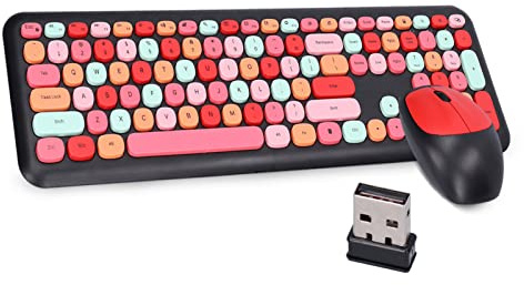Yunseity Combinación de Teclado Y Ratón Inalámbricos de 2,4G, Teclas Redondas de Colores, Bonito Teclado Estético, Teclado de Máquina de Escribir QWERTY de Tamaño Completo de 110 Teclas(Negro Mixto)
