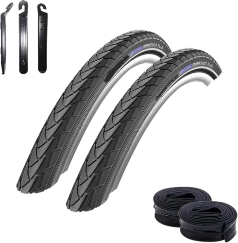 2 x Schwalbe Marathon Plus Fahrradreifen SmartGuard Reflex Pannenschutz 32-622 (28 x 1,25) + 2 Schwalbe SV17 Schläuche inkl. 3 Reifenheber