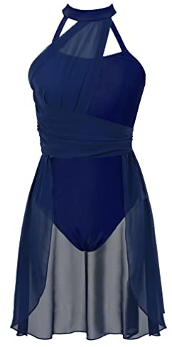 Abito da Pattinaggio Artistico sul Ghiaccio Donna Chiffon Patchwork Vestito Danza Classica Abito da Ballo Leotards Body da Balletto Senza Manica Jazz Danza Moderna Navy_Blue S