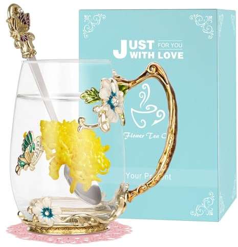 Wisolt Cadeau Fete des Meres Idee Cadeau Femme, Cadeau Maman, Cadeau Grand Mere, Cadeau Noel Femme, Cadeau Personnalisé, Tasse à Thé en Verre émaillé avec Cuillère et Tasse à Café