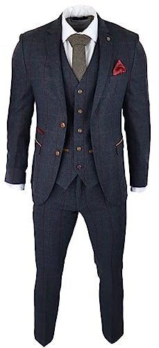 Mens Herringbone Tweed 3 Piece Navy Red Check Suit Vintage 1920s Tailored Fit - Navy 36