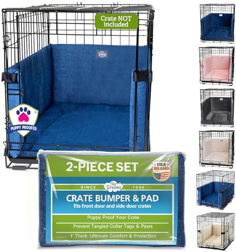 Pet Dreams Dog Crate Bumper & Mat Set- Patented Comfy Liner & Dog Tail Protector for Inside Crate, fits iCrate Cages 18, 24, 30, 36, 42, 48 Inches (Denim, Small, 24“)