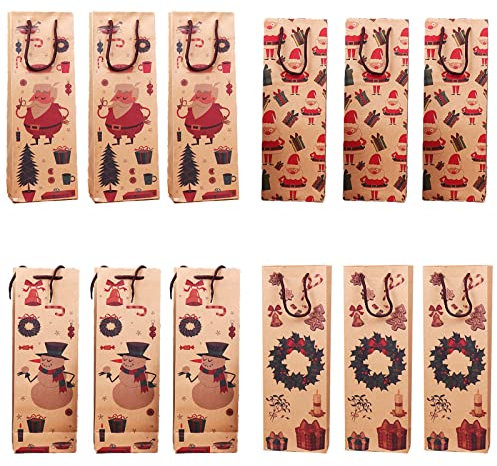 12 Stück Geschenktüten Weintasche Flaschentüten Weintüten, 4 Stile Geschenktüten Flaschen Weinflaschen Verpackung, Geschenktaschen mit Henkel für Wein, Weihnachten Taschen für Wein Whisky Champagner