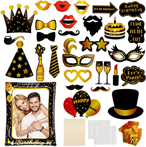 Geburtstag Foto Requisiten,30Pcs Photo Booth Props mit aufblasbarer Fotorahmen,Geburtstag Fotobox Accessoires für Geburtstage Zubehör und Party Favors
