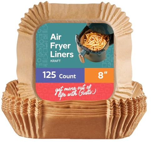 GUSTO 8 Inch Square Air Fryer Liners Disposable [125 Count] Fits 5-8 QT
