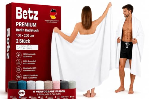 Betz Badetücher XXL 100x200 cm – 2er Set – Saunatücher & Strandtücher aus 100% Baumwolle, 360 g/m² – saugstark & weich – große Handtücher mit Aufhänger – Serie Berlin – Farbe Weiß