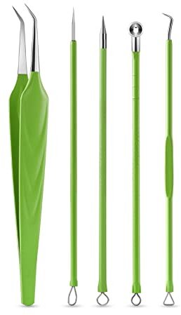 FVION Herramientas para Eliminar Espinillas, 5 Piezas Pinzas Comedones Extractor Puntos Negros Acero Inoxidable, Blackhead Remover para Limpiador de Acne, Poros, Granos (Verde)