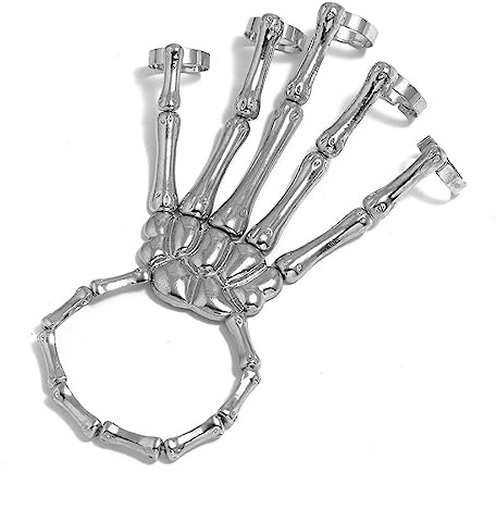 Pulsera de Mano de Esqueleto, Brazalete de Esqueleto de Halloween, Anillo de Pulsera de Dedo de Calavera Plateada, Cadena de Mano de Esqueleto de aleación de Halloween, Brazalete de Esqueleto Punk