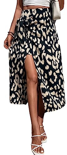 GORGLITTER Gonna con Spacco Donna A Linee Gonna Midi Vita Alta Gonna Lunga Con Nodo, Nero , XS