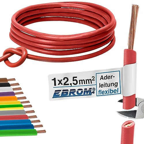 Câble conducteur EBROM - Âme flexible - En PVC - H07V-K 2,5 mm² - Couleur : rouge - Plusieurs longueurs disponibles par pas de 5 mètres, Votre longueur : 5 m 2,5mm²