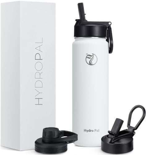 HydroPal 750ml Edelstahl Isolierflasche,Trinkflasche mit Strohhalm 2 Deckel | BPA-frei, 24h kalt & 12h heiß Vakuumflasche, auslaufsicher Wasserflasche, Stroh- und Ausgussdeckel Sportflasche für Alltag