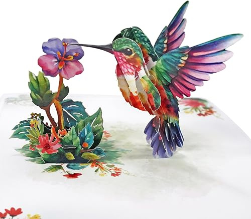 CUTPOPUP Colibrí Con Flor Morada - 3D Tarjeta Cumpleaños, Tarjetas Dia de La Madre, Regalos Originales Para Mujer, Regalos Para Mujer (Hummingbird With Purple Flower) US8-82ES