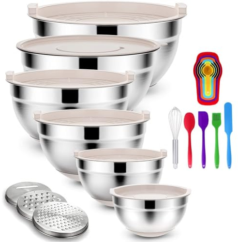 Rottay Mixing Bowls Set with Airtight Lids: 20PCS Stainless Steel Nesting Bowls - Size 7, 4, 3, 2, 1.5, 1QT Bowls with 3 Grater Attachments & Non-Slip Bottoms for Baking & Prepping