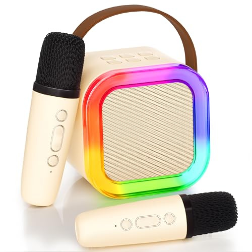 Karaoke Maschine mit 2 Karaoke Mikrofonen, Karaoke Maschine Kinder mit Mikrofon Mädchen Geschenke Spielzeug für 3-12 Jahre - Bluetooth MusikLautsprecher, Beige