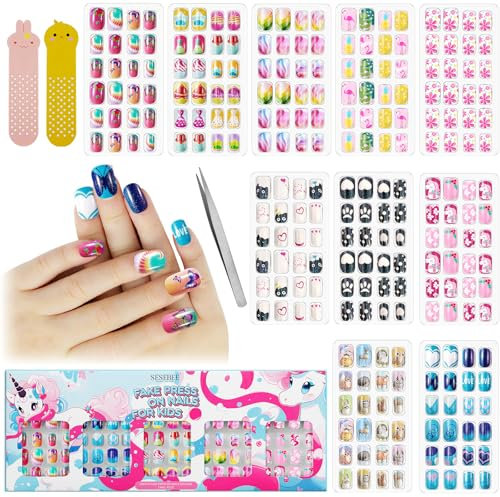 240 Stück künstliche Fingernägel für Kinder, kurze Aufstecknägel mit Nagelkleber für Kinder und Mädchen, kein Verblassen,stabil,schnell aufklebbares Nagelset,Geschenk für Kinder(Funkelndes Einhorn)