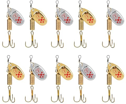 Monozoz Lot de 10 leurres de pêche pour la pêche à la truite - Cuillères de pêche en eau salée - Lisses - Triplets d'eau salée - Pour la pêche au brochet