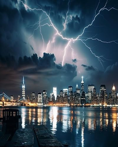 PIPISKY Malen-nach-Zahlen-Sets auf Leinwand,New York, Gewitter, Blitz,DIY-Ölgemälde-Zubehör für Kinder, Erwachsene, Anfänger, Kunst und Handwerk, Heimdekoration,40x50cm,Ohne Rahmen