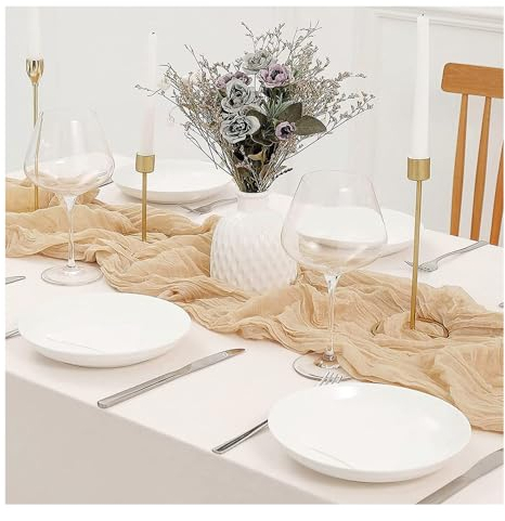 Bieiyhe Käsetuch Tischläufer Beige 90x300 cm - Musselin Boho Chiffon Gaze Rustikaler Dekostoff für Hochzeit, Taufe, Küche, Geburtstagsparty