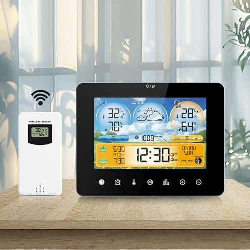 ALLOMN Weather Station Wireless with Outdoor Sensor, Touch LCD Color Display Screen Digital Wireless Weather Clock with Sensor, Indoor Outdoor Thermometer Hygrometer, Adjustable Backlight