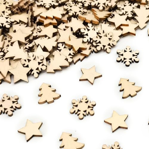 Deco Table Noel Bois, 200PCS Étoile en Bois, Confettis Noel Bois, Flocon de Neige Decoration Bois, Sapin de Noël Motif pour DIY Bricolage Artisanat Cadeau Noël Fête (Bois_Noel)