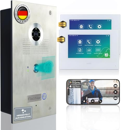 MATHFEL Video Türsprechanlage mit Kamera und Türöffner, 4 Draht IP System mit Fingerprint - Türklingel mit Kamera, Gegensprechanlage mit Türöffner, Sprechanlage mit Türöffner - WLAN Türklingel