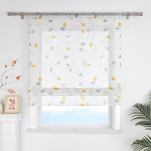 ESLIR Raffrollo mit Tunnelzug Landhaus Gardinen Küche Transparent Raffgardinen Wohnzimmer Bändchenrollo für Fenster ohne Bohren Gelb BxH 60x140cm 1 Stück
