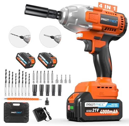 Protmex Cordless Impact Wrench - 665Ft-Ibs (900N.m) 1/2 inch Impact Driver, 21V Power Brushless Impact Gun with 2×4.0Ah Battery 5 Sockets 8 Drill 6 Screws, Impact Wrenches for Wheel Nuts/Car/Tyres