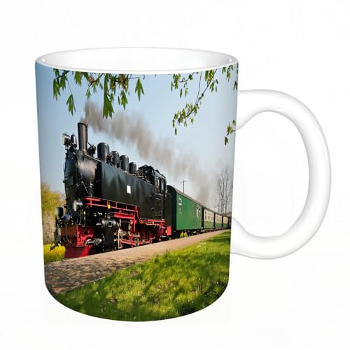 KDWJS Tasse Keramik Kaffeetassen Große 11oz Tassen 330ml Trinkgläser Mit Griff Personalisierte Geschenk Weiß,Historische deutsche Dampflok fährt durch die Felder