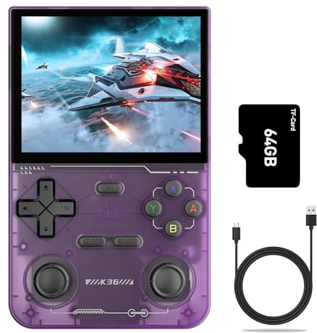 K36 Handheld-Spielekonsole, Retro-Spielekonsole mit 3,5-Zoll-HD-Farbbildschirm, 64G-TF-Karte, Integriert in über 16.000 Klassischen Spielen, 3500-mAh-Akku (Purple)