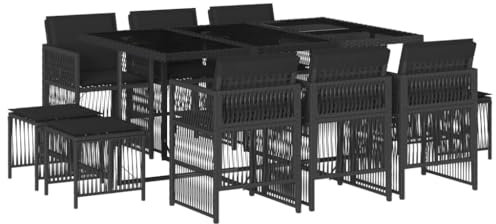 vidaXL Garten Essgruppe 11-TLG., Gartenmöbel Set Tisch mit 6 Stühle 4 Hocker, Gartengarnitur mit Kissen, Sitzgruppe Essgarnitur Terrasse, Schwarz Poly Rattan