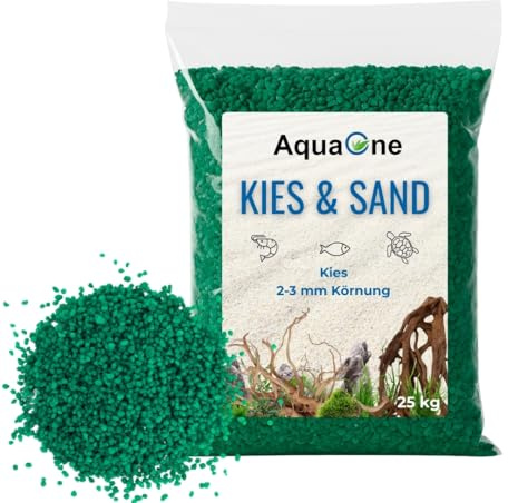 AquaOne Akvarium Grus sand 25 kg I Golvbotten ljus svart färgglad fin medium grov I akvariegrus premiumkvalitet I kvartssand akvariegrus dekoration aquascaping, korn (grön 2–3 mm)