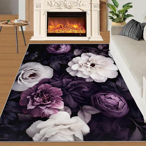 SANSJI Peony Floral Rugs for Girls Bedroom 140x200 cm, Non-Slip Washable Dark Purple Flower Design Area Rug for Women, Soft Low-Pile Elegant Botanical Carpet, Romance Women Style