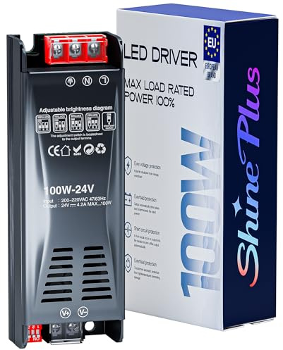 Shine Plus LED Trafo 24V Transformator 100W Treiber Schaltnetzteil Netzteil AC 230V auf DC 24 Volt, Einstellbare Helligkeit 30MM Dicke Konstantspannung Niederspannungstransformator für LED Streifen