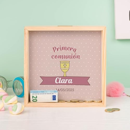 Wanapix | Hucha de Madera Personalizada para Primera Comunión | Hucha Cuadrada Personalizable con Nombres/Texto/Fechas | Madera de Chopo y Metacrilato Transparente | Cáliz Rosa