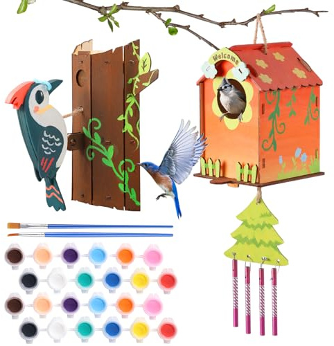 JMMICO Paint Your Own BirdHouses, Wooden Painting Crafts Kits for Kids, Wooden Woodpecker Doorbell & DIY Bird House for Outside, Arts and Crafts for Kids Ages 8-12, Gifts for 8-12 Year Old Girls Boys