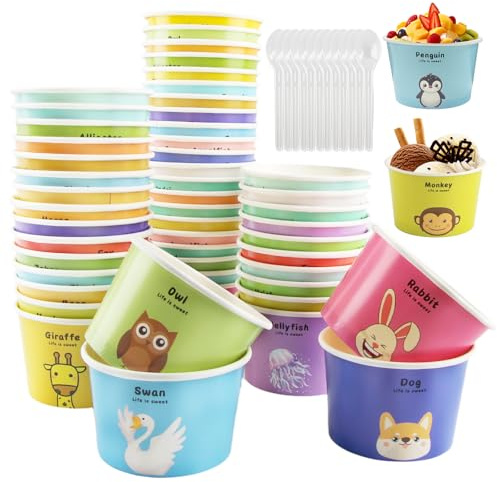 RosyFate Glasskoppar, 50 dessertkoppar kartong, med 50 stycken skedar, glasskålar, glasskoppar, söndag, yoghurt, pudding (djur)