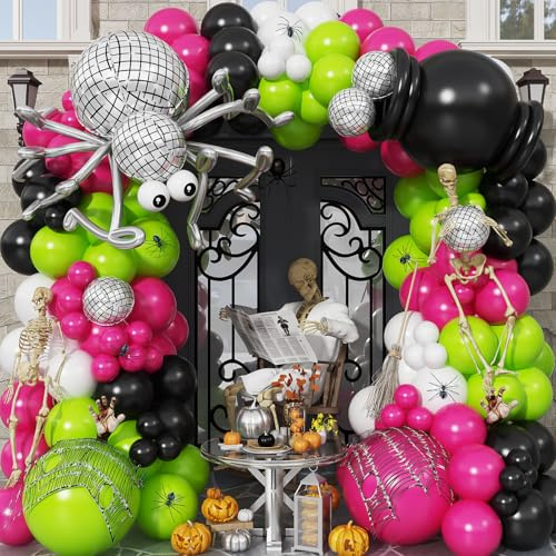 Froova Halloween Balloon Arch Kit Hot Pink Green Black Balloons Garland with 22/10 Inch Disco Ball Foil Balloon Eyeball Latex Balloons for Spider Spooky Witch Birthday Baby Shower Party Decorations
